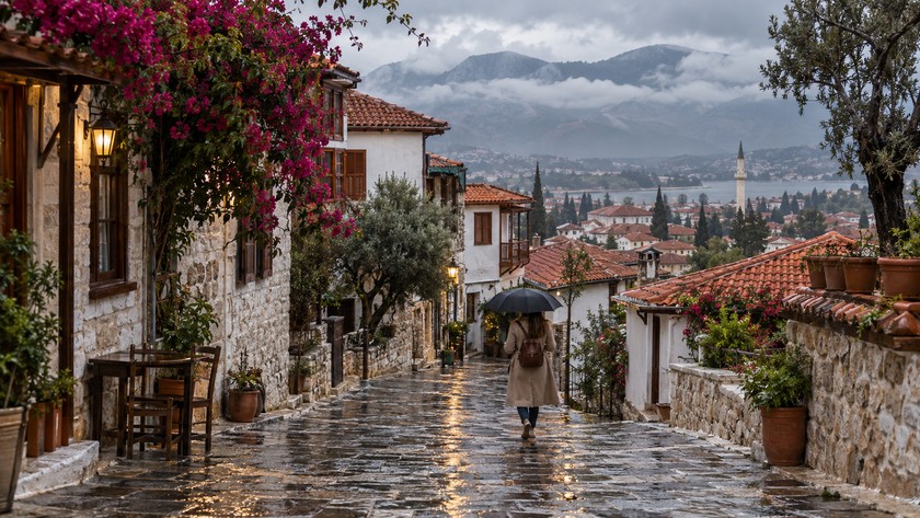 Muğla merkezde yağmurlu tarihî sokak