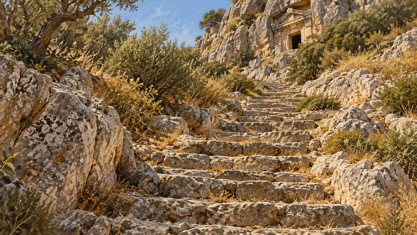 Kayalık yamaca oyulmuş Likya mezarına çıkan basamaklı yaklaşımı anlatan çizim