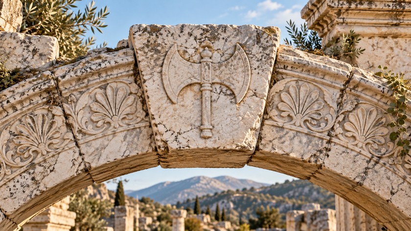 Antik kemer ve çift yüzlü balta motifini yorumlayan temsili detay görseli