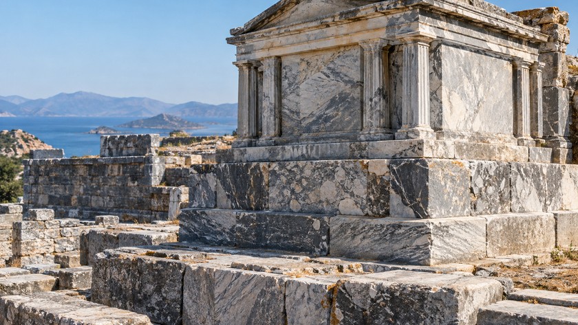 Antik mezar anıtındaki gri damarlı taş işçiliğini temsil eden genel detay