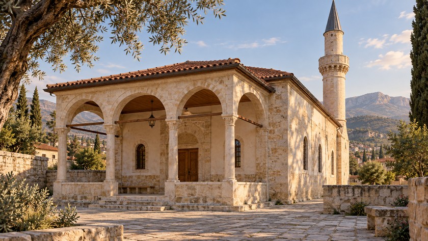 Dikdörtgen planlı tarihî cami giriş düzenini yorumlayan temsili görsel