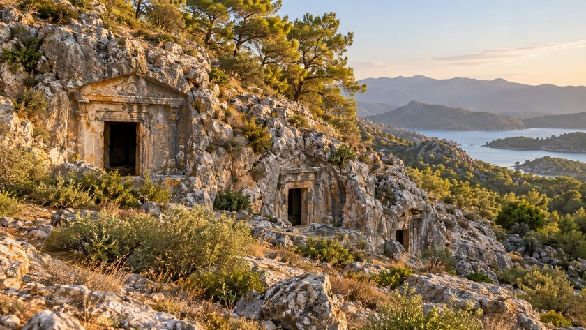 Kayalık yamaçta oyulmuş antik mezar cephesini temsil eden kaya dokusu
