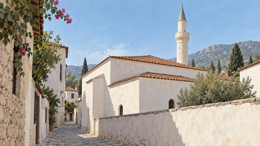 Eski çarşı içinde mütevazı bir tarihî cami çevresini yorumlayan çizim