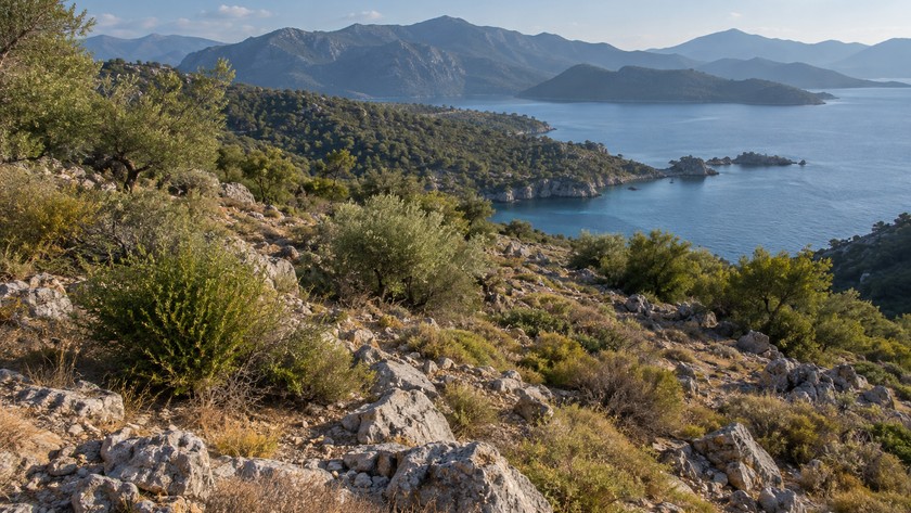 Marmaris çevresinde kayalık tepe, maki ve körfez manzarası