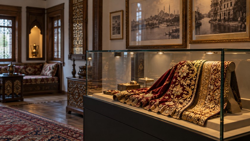Bir müze vitrininde temsili sahne kumaşı ve arşiv fotoğraf çerçeveleri